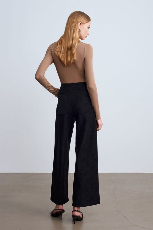 Dilvin Dilvin Women's High-Waist Wide-Leg Faux Suede Trousers in Black - 2
