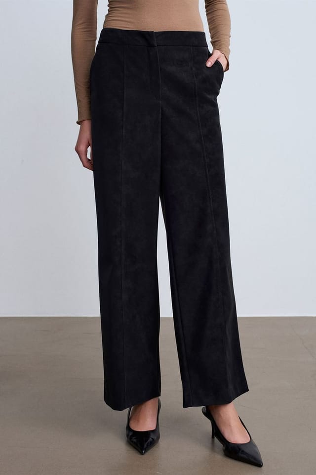 Dilvin Dilvin Women's High-Waist Wide-Leg Faux Suede Trousers in Black - 3