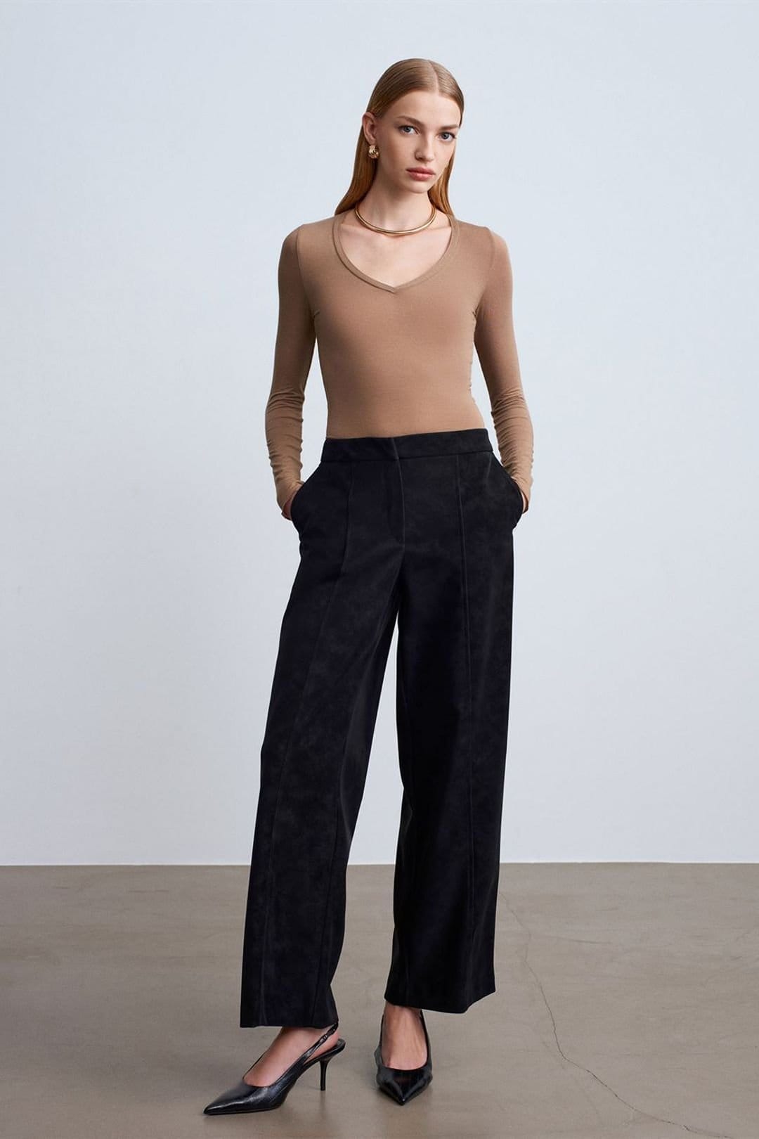 Dilvin Dilvin Women's High-Waist Wide-Leg Faux Suede Trousers in Black - 4