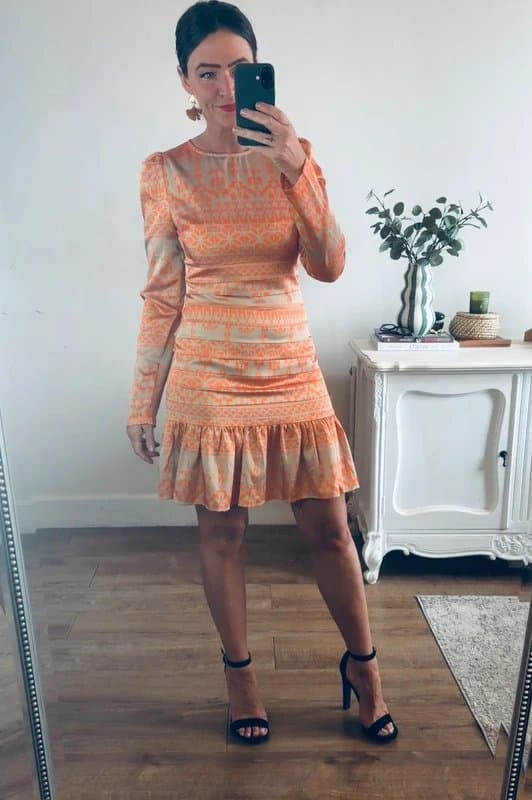 Never Fully Dressed Never Fully Dressed beige orange tribal print satin tiered mini dress size 8