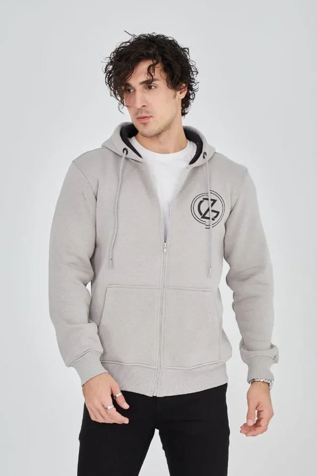 Janes Janes Men's Hooded Zip-Up Printed Cardigan in Grey