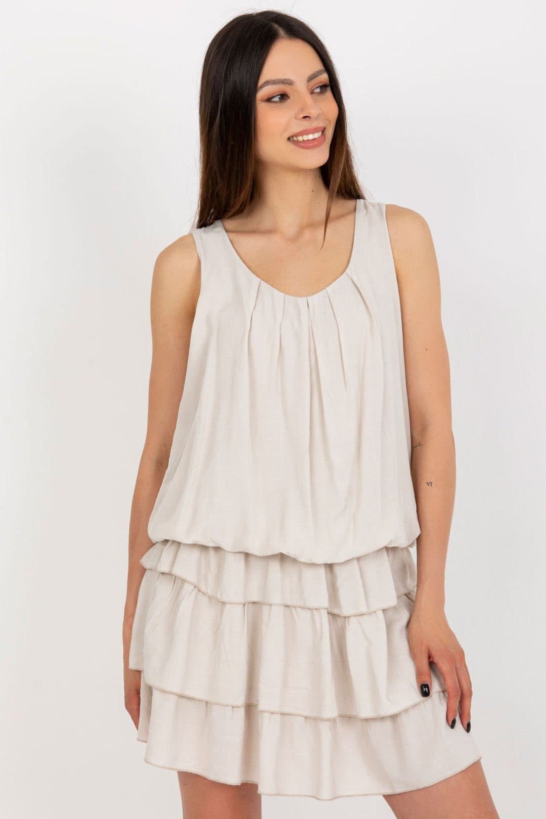 Love Lace Love Lace Women's Sleeveless Lined Ruffle Dress in Beige
