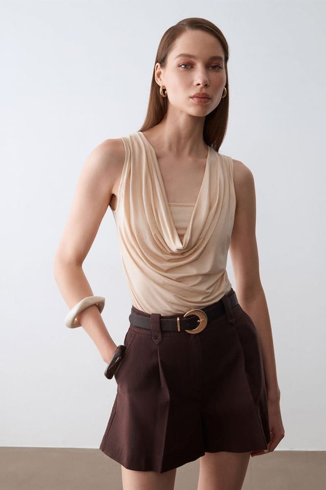 Dilvin Dilvin Women's High-Waist Cotton Poplin Belted Shorts in Brown - 3