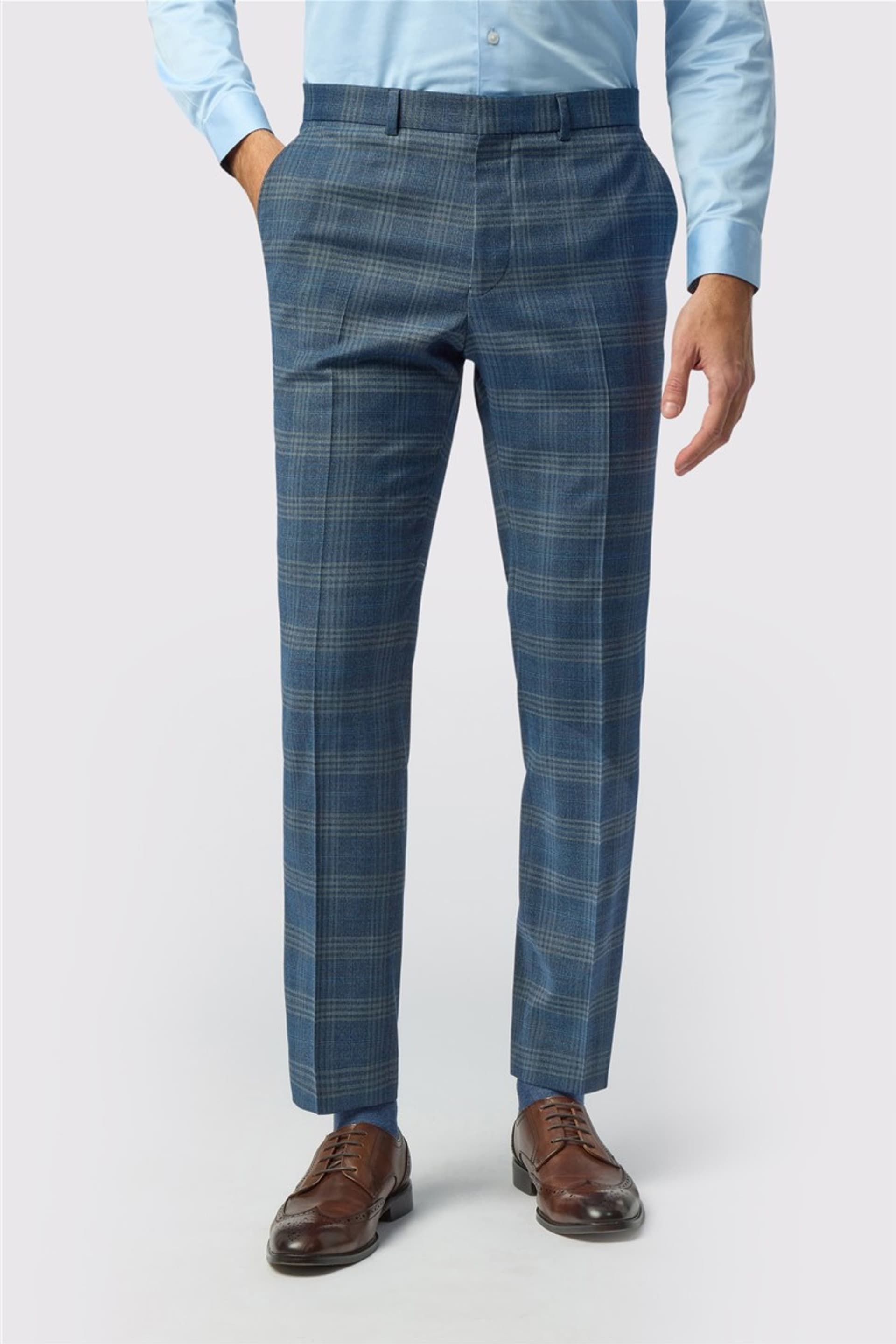 Ted Baker Ted Baker Men's Flat Fronted Checked Slim Fit Suit Trousers in Mid Blue