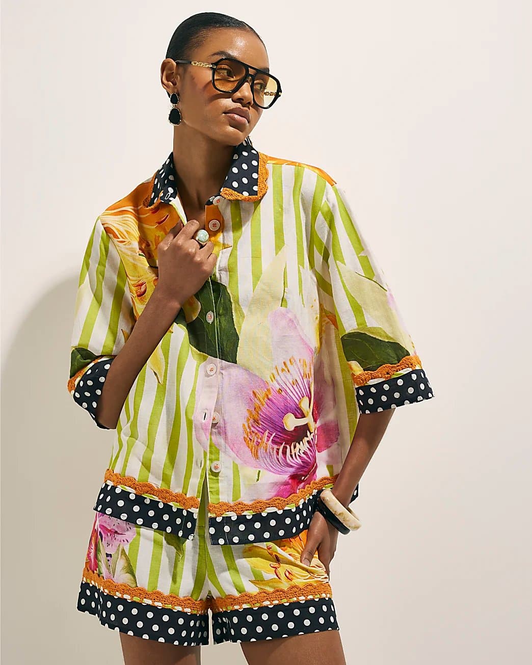 River Island River Island Womens Green Stripe Floral Placed Shirt