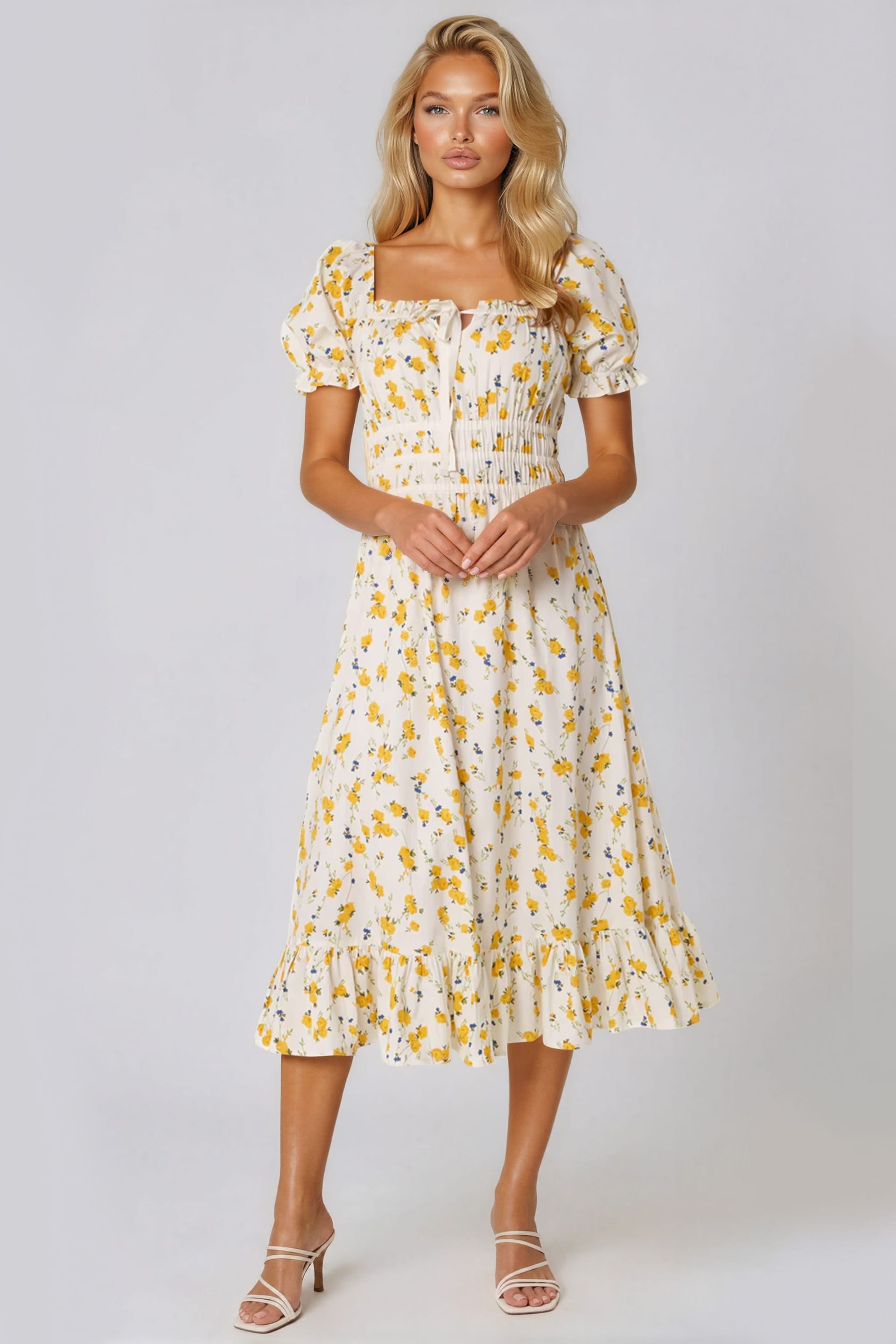 Aftershock London Cream Floral Cotton Midi Dress