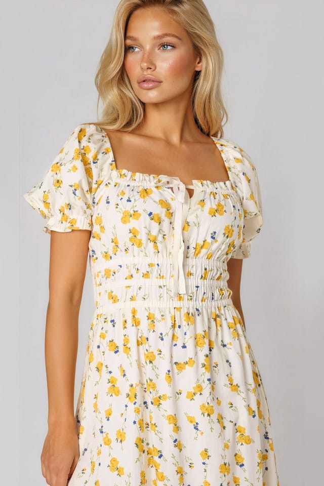Aftershock London Aftershock London Women's Yellow Floral Cotton Midi Dress in Cream - 2