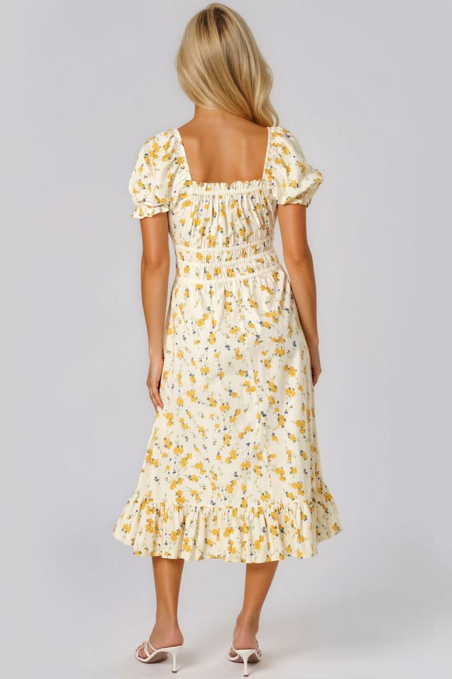 Aftershock London Aftershock London Women's Yellow Floral Cotton Midi Dress in Cream - 3