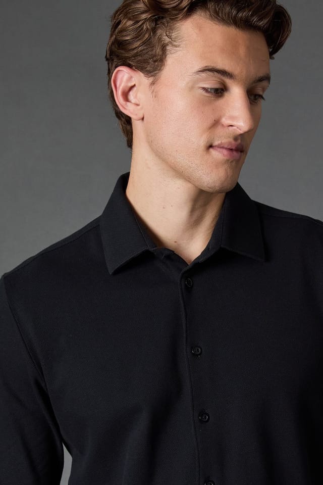 Burton Burton Men's Black Pique Slim Fit Long Sleeve Shirt - 2