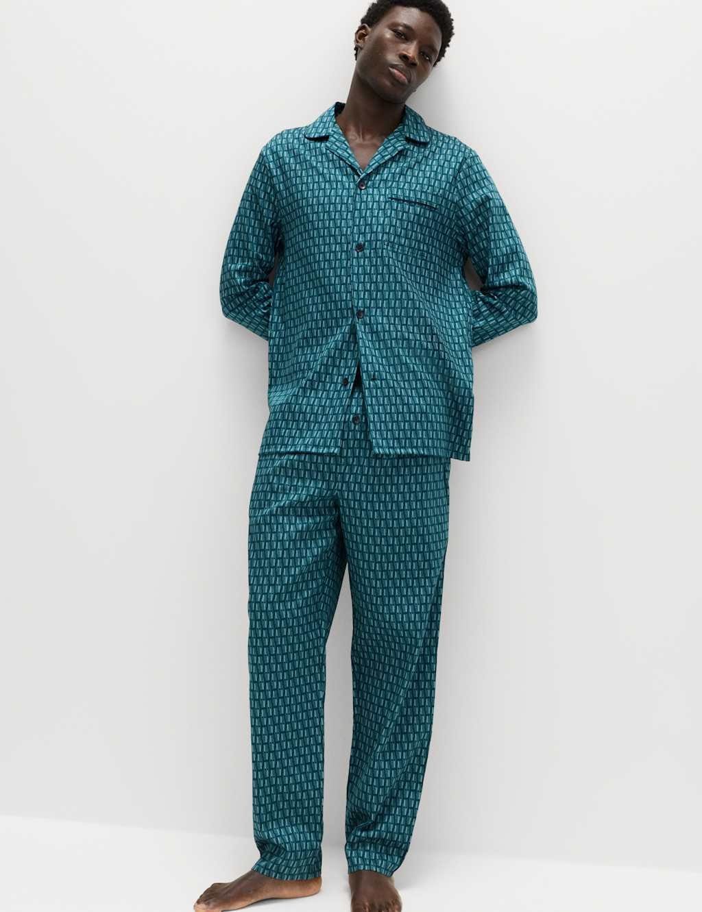 Marks & Spencer M&S Pure Cotton Geometric Print Pyjama Set Green Mix - 1