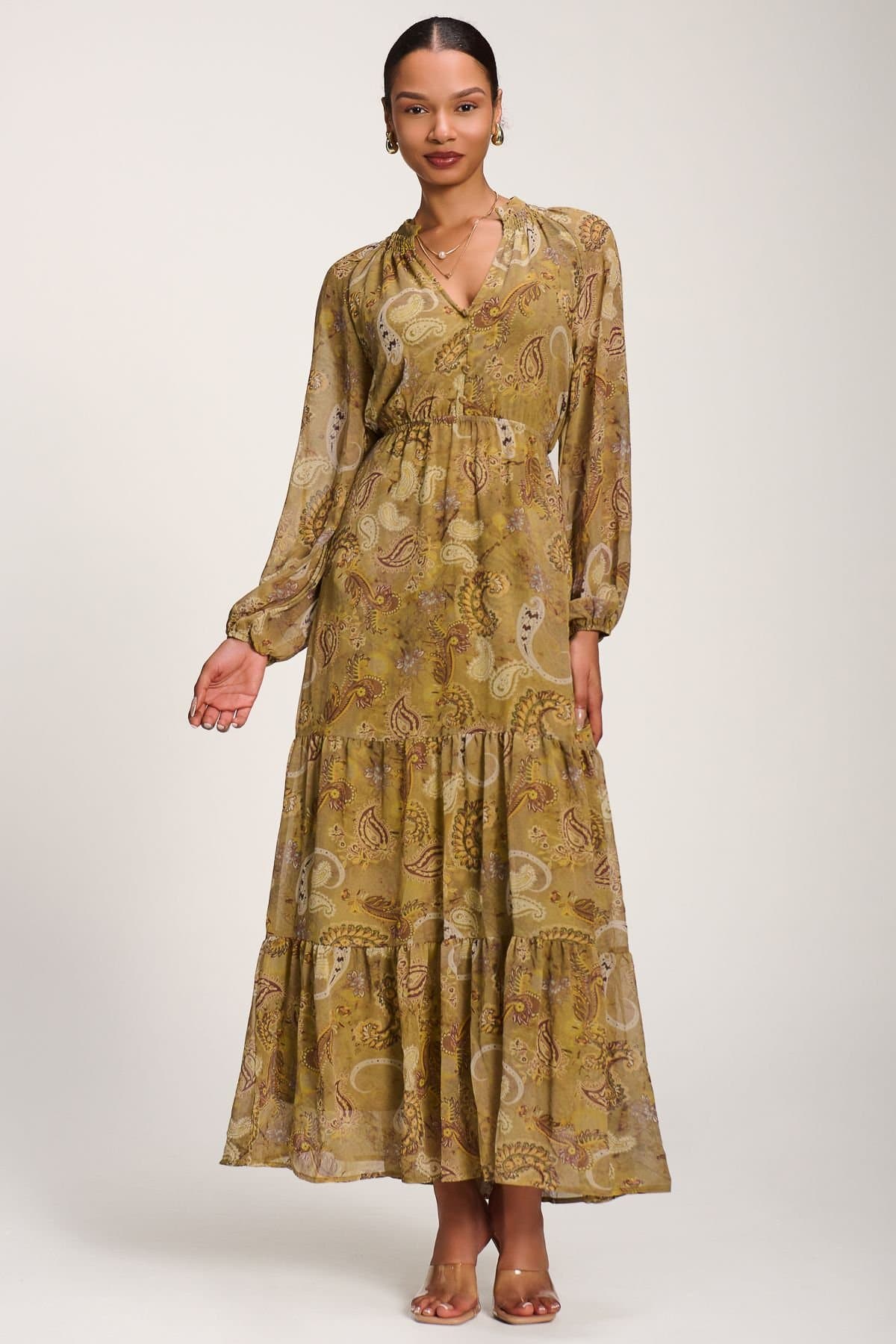 Jolie Moi Jolie Moi Women's Long Sleeve Paisley Chiffon Maxi Dress in Light Green