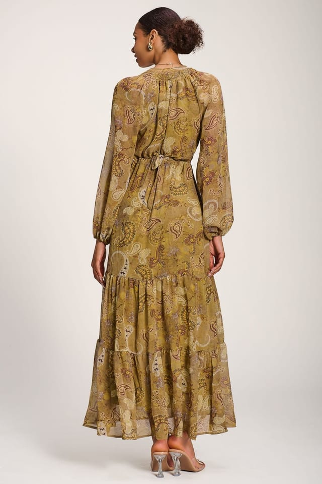 Jolie Moi Jolie Moi Women's Long Sleeve Paisley Chiffon Maxi Dress in Light Green - 2