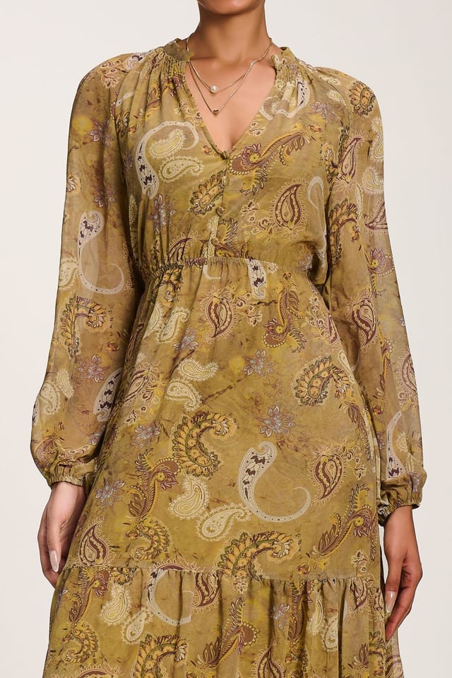 Jolie Moi Jolie Moi Women's Long Sleeve Paisley Chiffon Maxi Dress in Light Green - 3