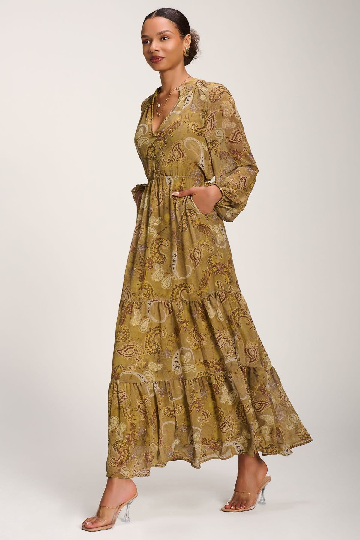 Jolie Moi Jolie Moi Women's Long Sleeve Paisley Chiffon Maxi Dress in Light Green - 4