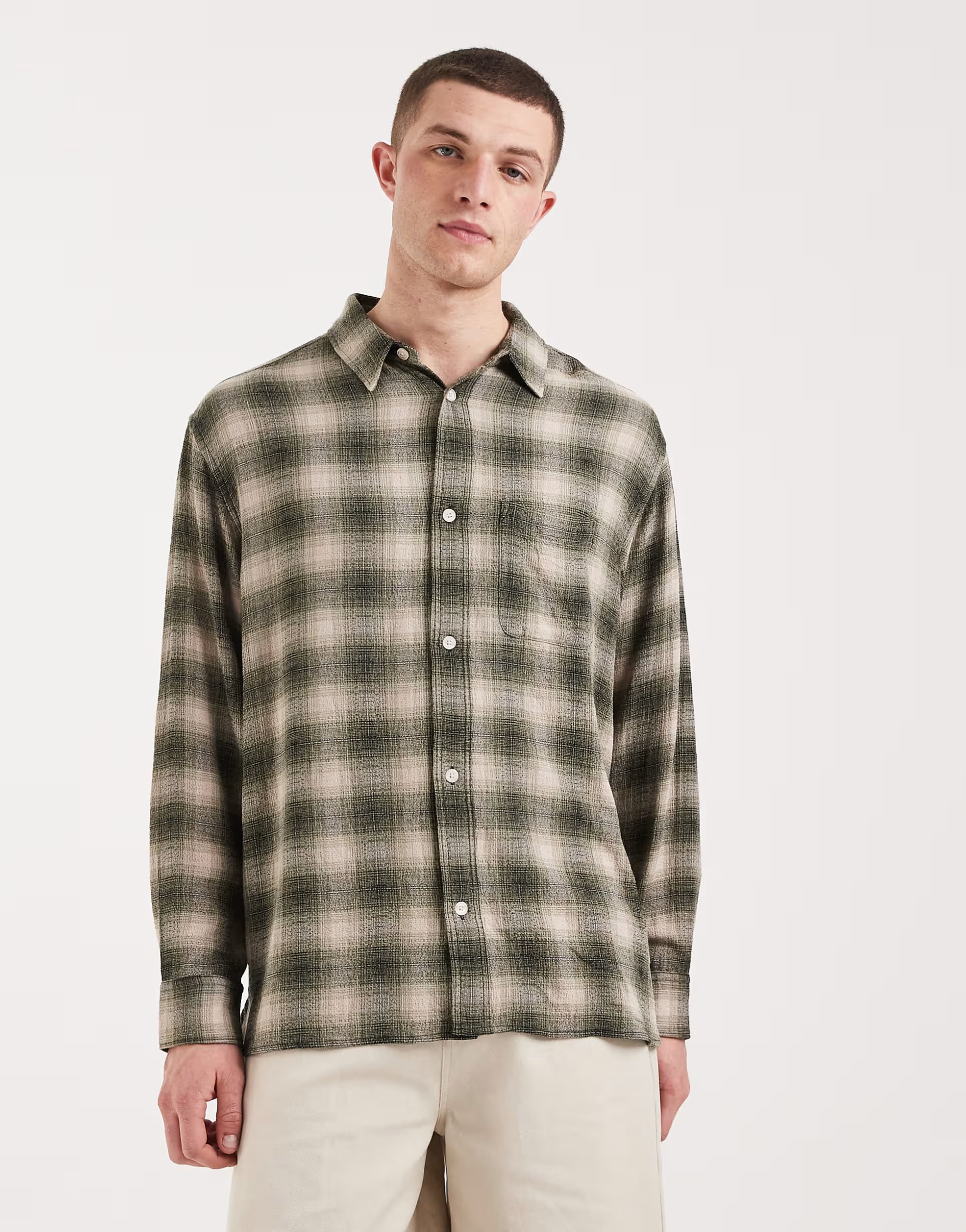 ASOS AllSaints Lumley long sleeve shirt in olive green check - 1