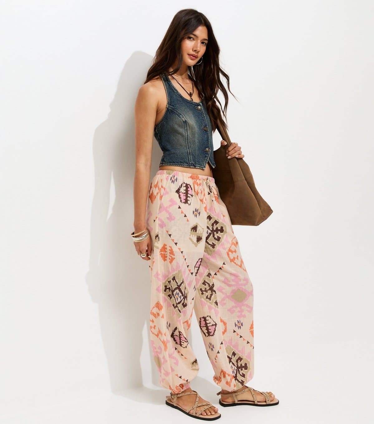 New Look Women's Multicolour Cotton Printed Cuffed Trousers New Look
