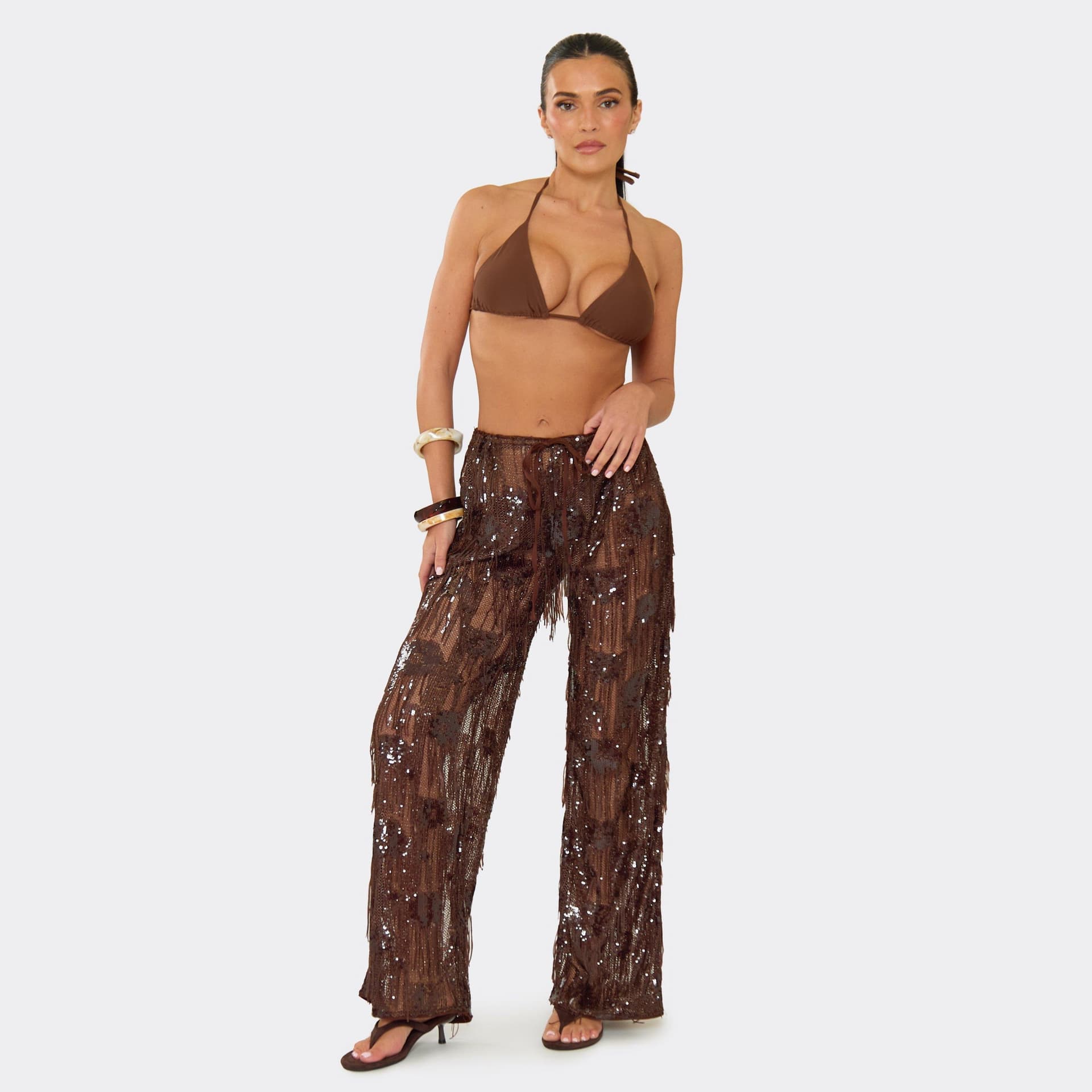 EGO Drawstring Waist Sequin Tassel Straight Leg Trouser In Brown, Women's Size UK L