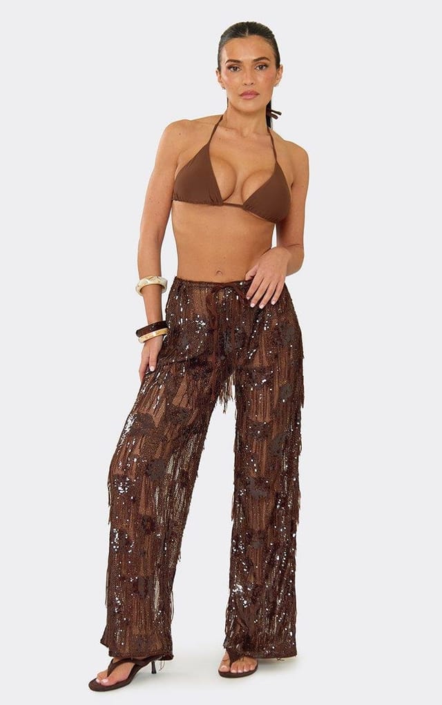 EGO Drawstring Waist Sequin Tassel Straight Leg Trouser In Brown, Women's Size UK L - 2