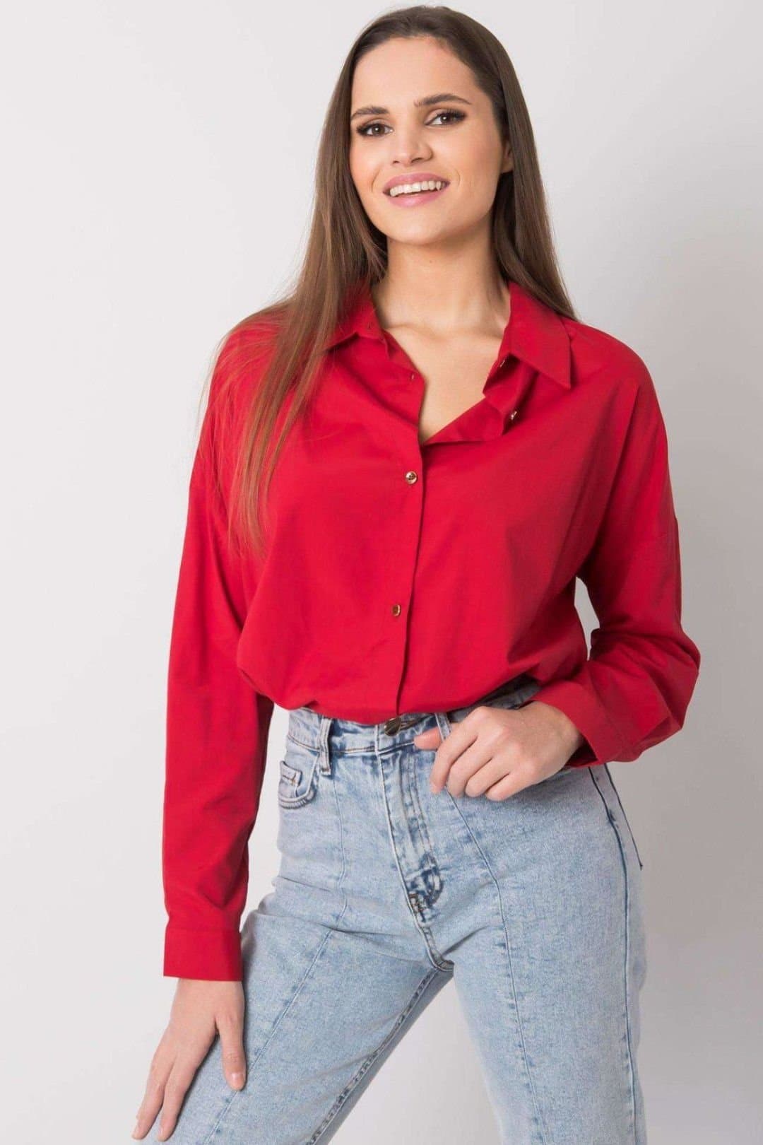 Love Lace Love Lace Women's Casual Extended Button Down Long Sleeve Shirt in Red