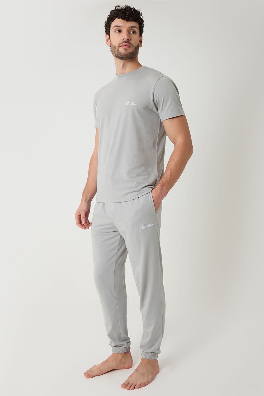Threadbare Threadbare Men's Cotton Blend Script Logo Lounge Set in Mid Grey