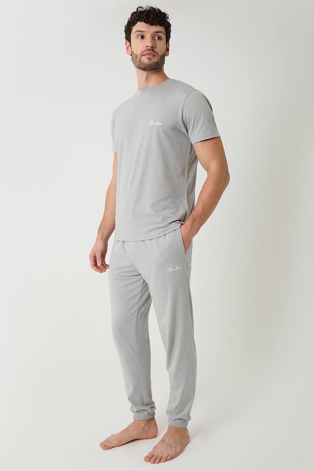 Threadbare Threadbare Men's Cotton Blend Script Logo Lounge Set in Mid Grey - 2