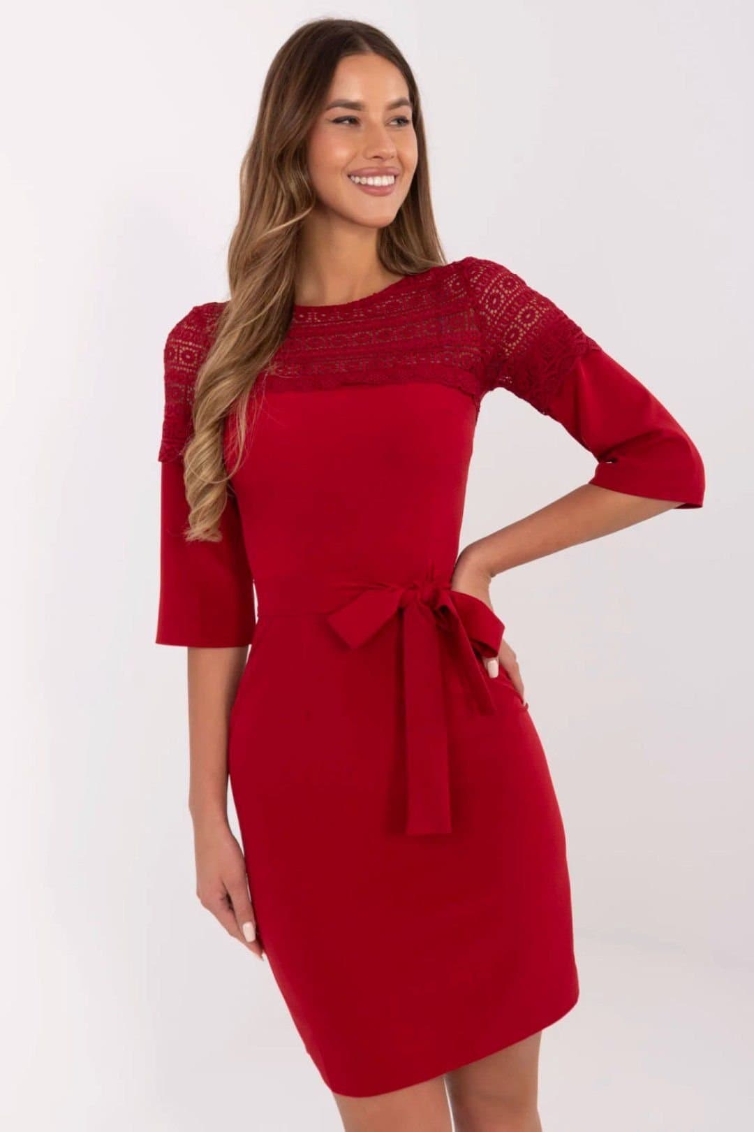 Love Lace Love Lace Women's Elegant Lace Pencil Cocktail Dress with Belt in Red