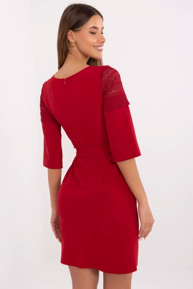Love Lace Love Lace Women's Elegant Lace Pencil Cocktail Dress with Belt in Red - 3
