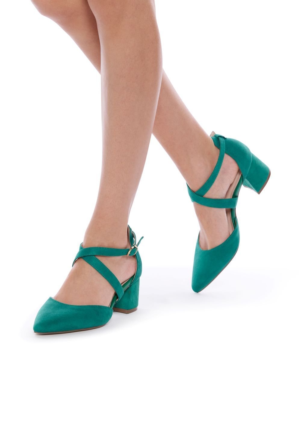 Paradox London Paradox London Women's Micro Suede 'Ffion' Wide Fit Mid Block Heel Cross Strap Court Shoe in Green - 4