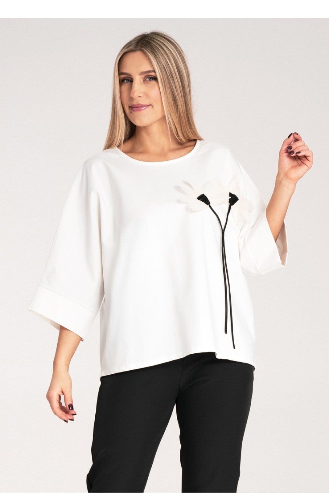 Love Lace Love Lace Women's Loose Kimono Style Blouse With Flower Detail in White - 4