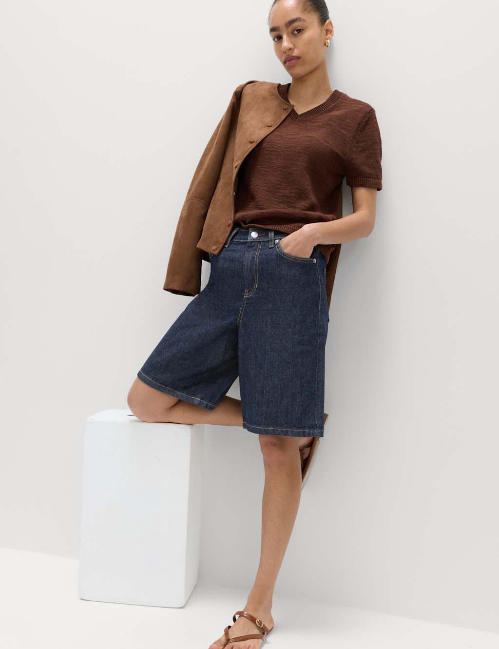 Marks & Spencer M&S Denim High Waisted Jorts with Linen Indigo Mix