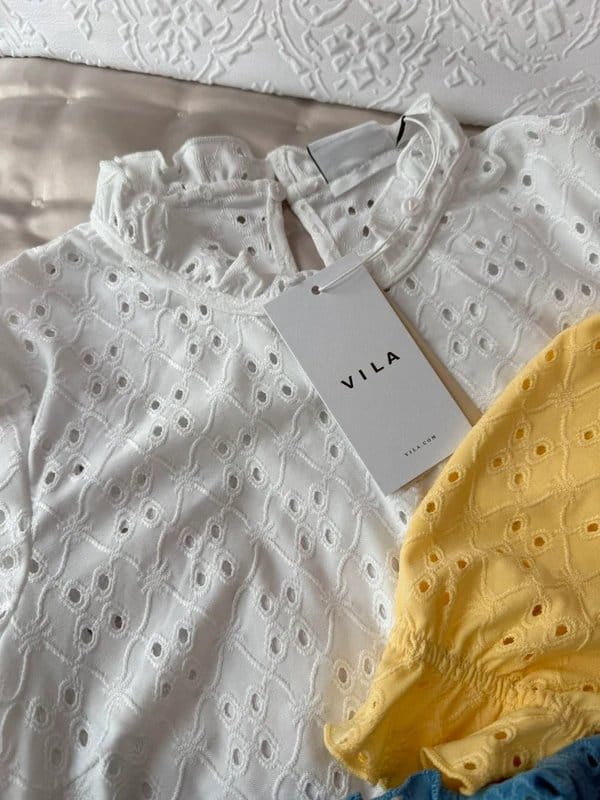 Vila Broderie Anglais Tops XS - White & Yellow
