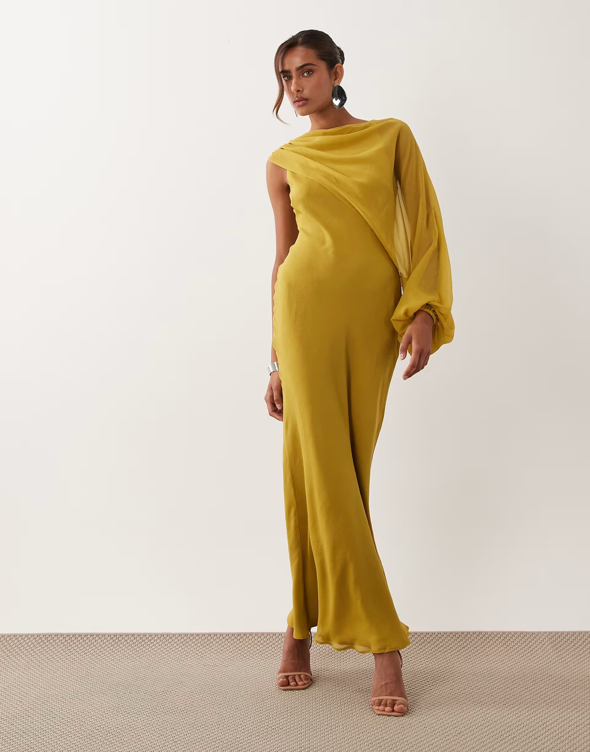 ASOS ASOS DESIGN draped one sleeve bias maxi dress in light olive green