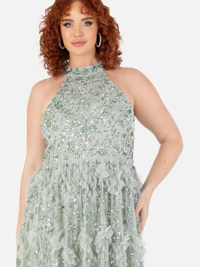 Maya Deluxe Maya Deluxe Women's Fully Embellished Halter Neck Maxi Dress in Mint - 2