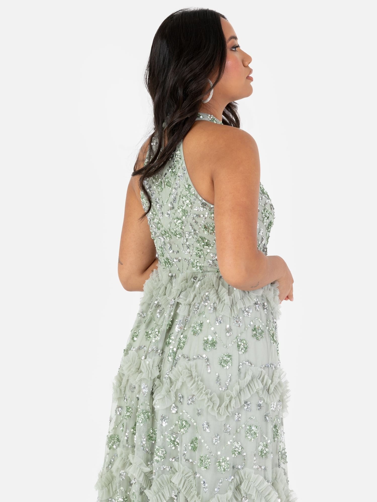 Maya Deluxe Maya Deluxe Women's Fully Embellished Halter Neck Maxi Dress in Mint - 4