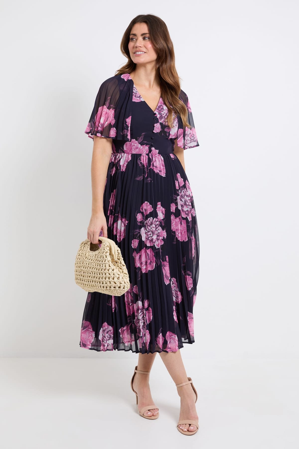 Wallis Wallis Women's Floral Pleated Cape Sleeve Midi Dress in Navy - 1