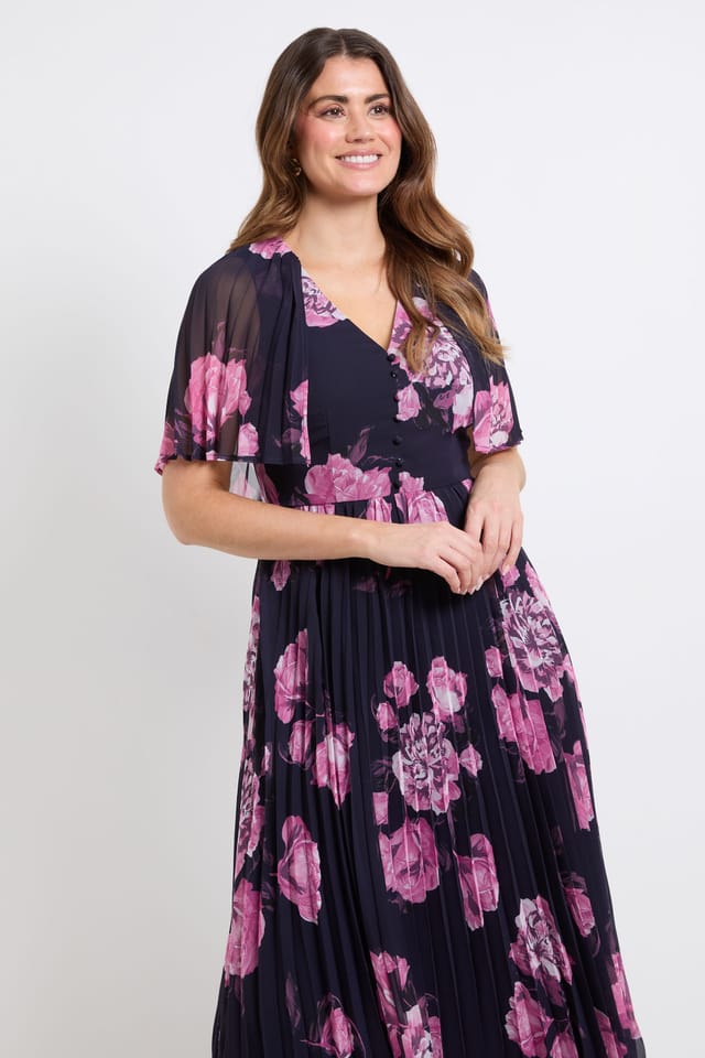 Wallis Wallis Women's Floral Pleated Cape Sleeve Midi Dress in Navy - 2