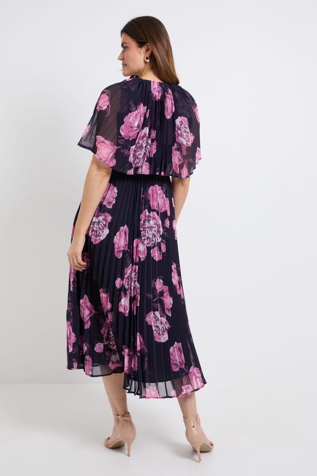 Wallis Wallis Women's Floral Pleated Cape Sleeve Midi Dress in Navy - 3