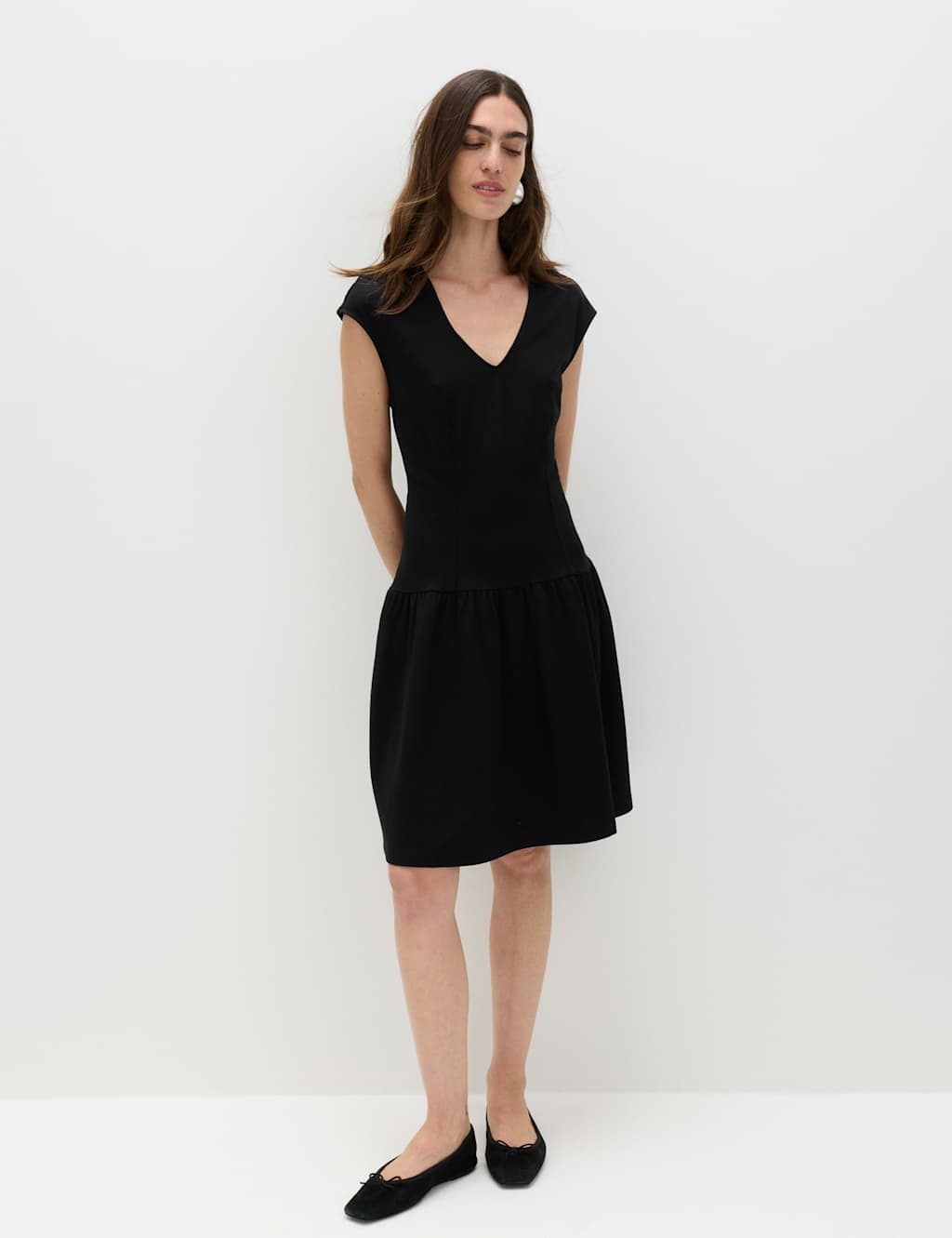 Marks & Spencer M&S Jersey V-Neck Mini Drop Waist Skater Dress Black