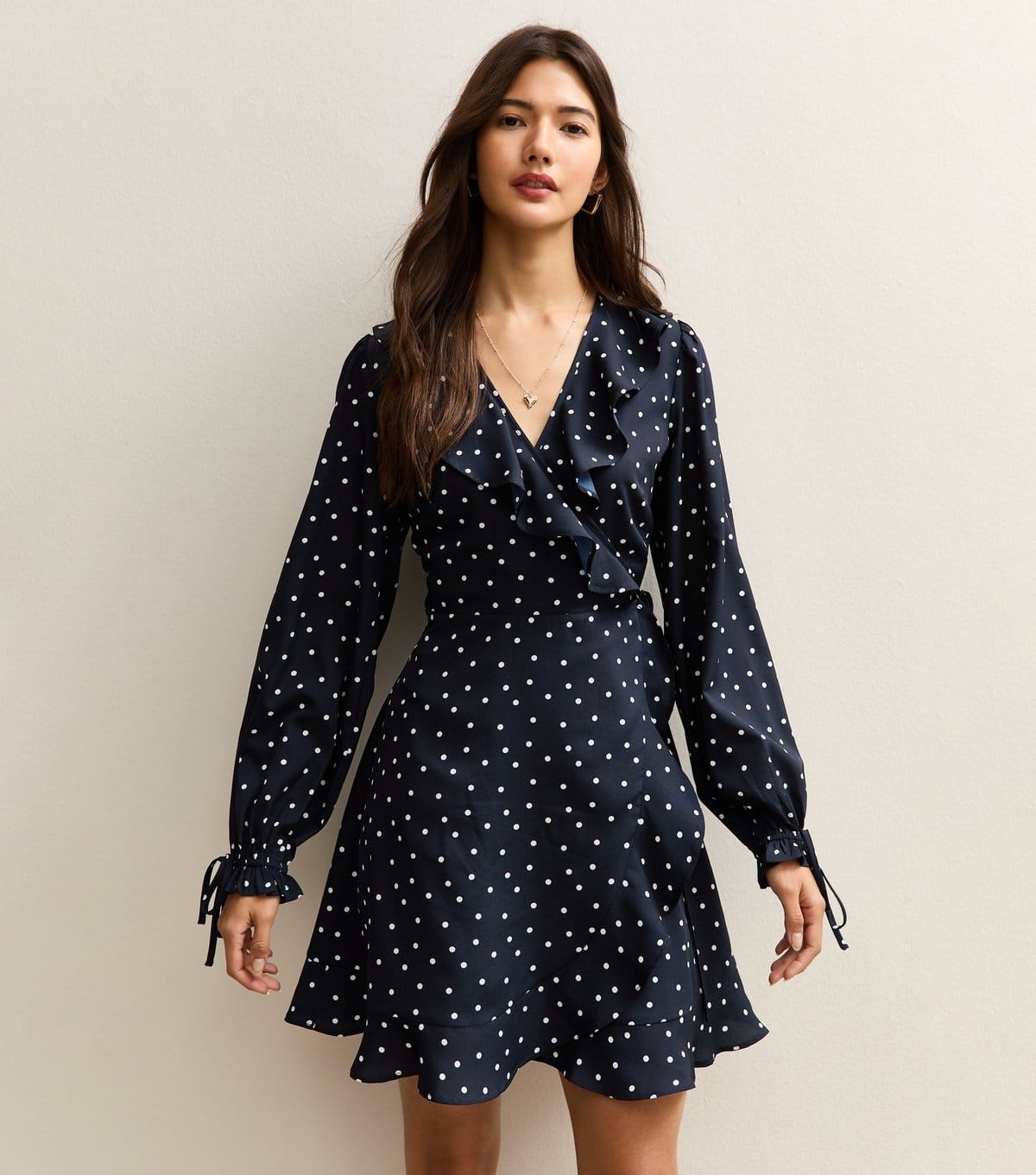 New Look Blue Spot Ruffle Wrap Mini Dress