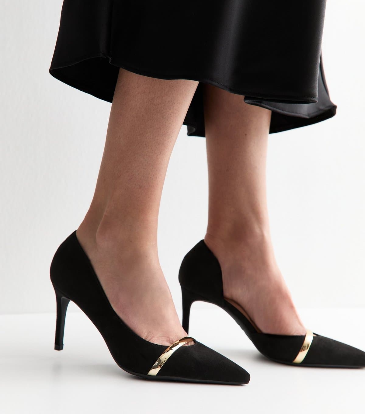 New Look Women's Black Faux Suede Metallic Strap D'Orsay Pumps Vegan New Look