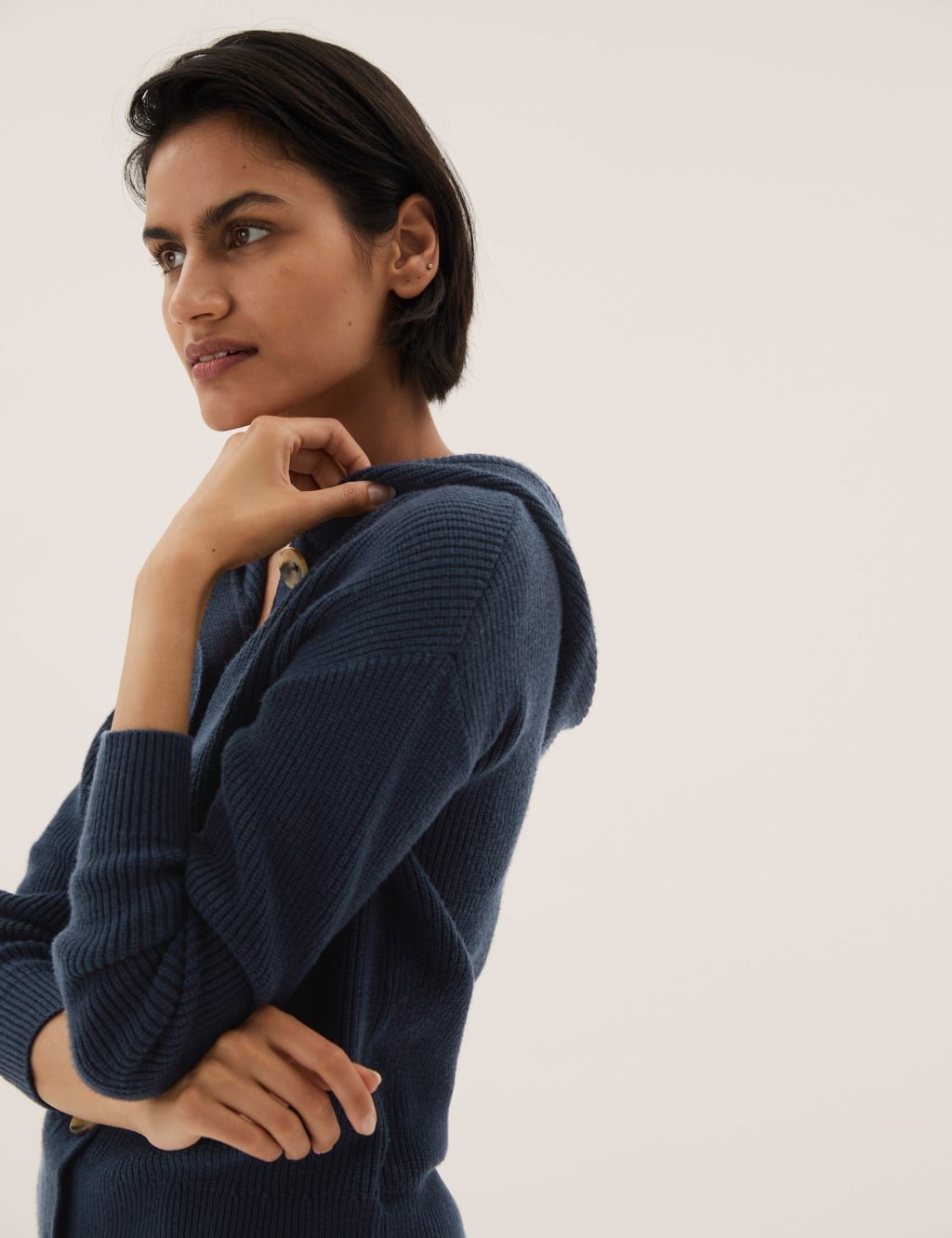 Marks & Spencer M&S Soft Touch Ribbed Hooded Cardigan Navy - 4