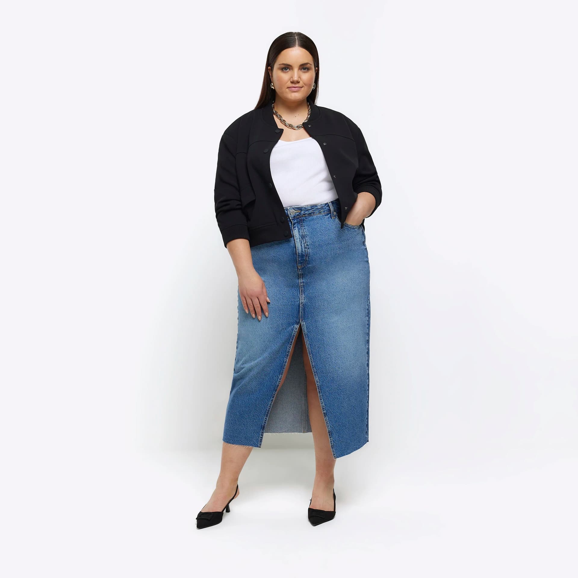 River Island River Island Womens Plus Blue Split Hem Denim Midi Skirt