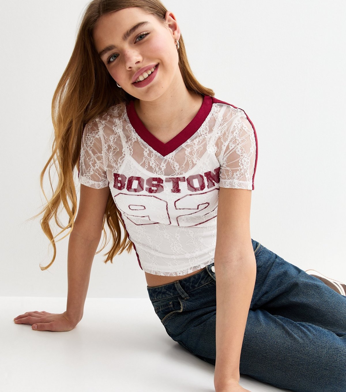 New Look Girls' White Boston Print Fitted Lace Football Top New Look - 1