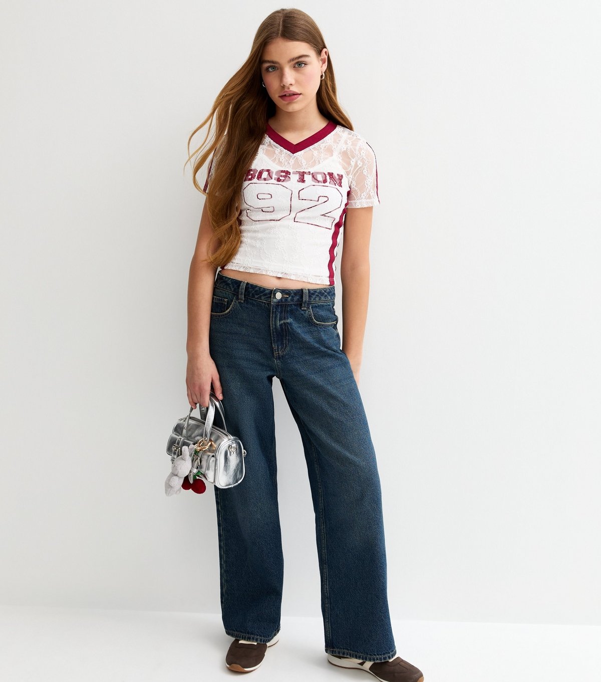 New Look Girls' White Boston Print Fitted Lace Football Top New Look - 3