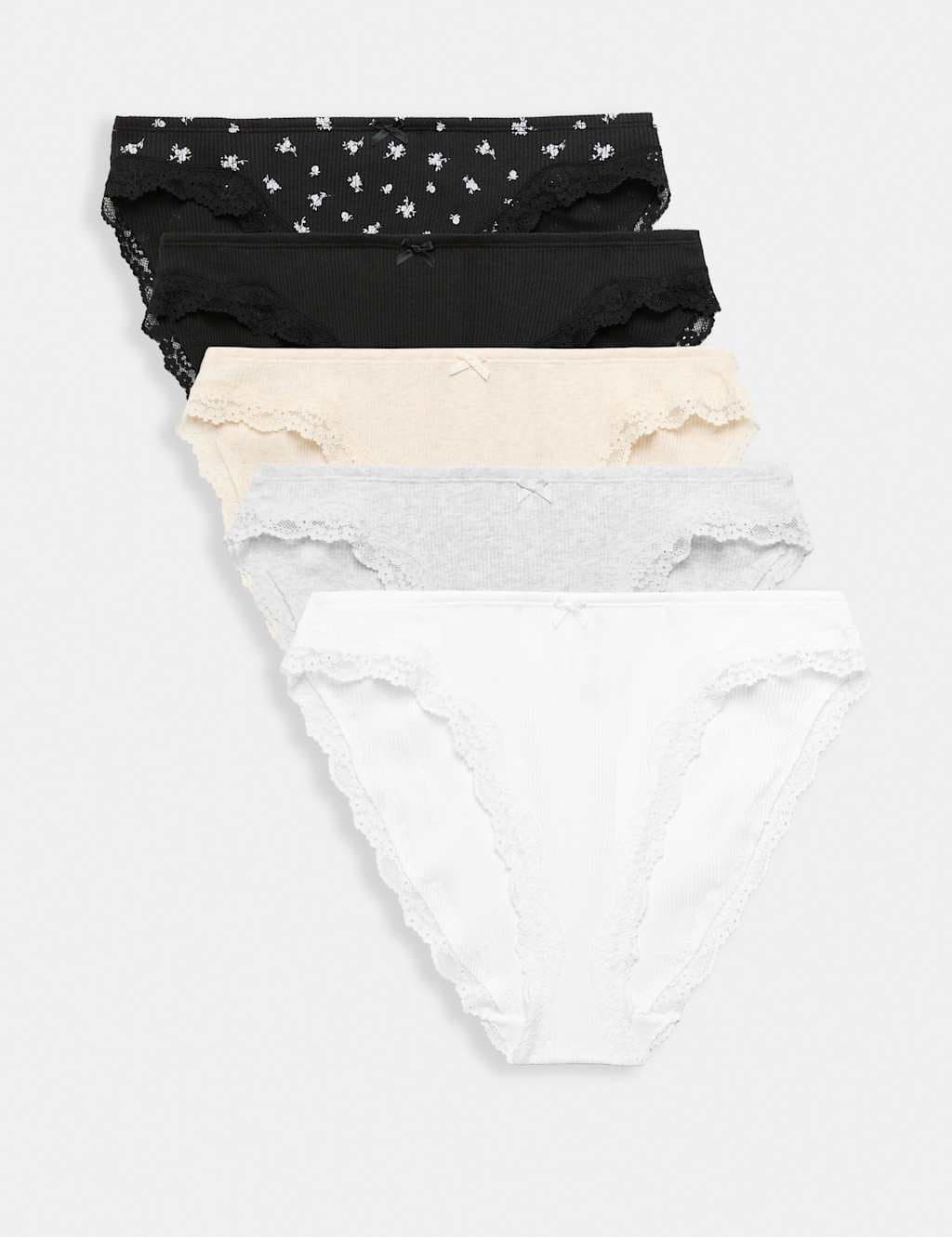 Marks & Spencer M&S 5 Pack Cotton Rich Ribbed High Leg Knickers Light Cream