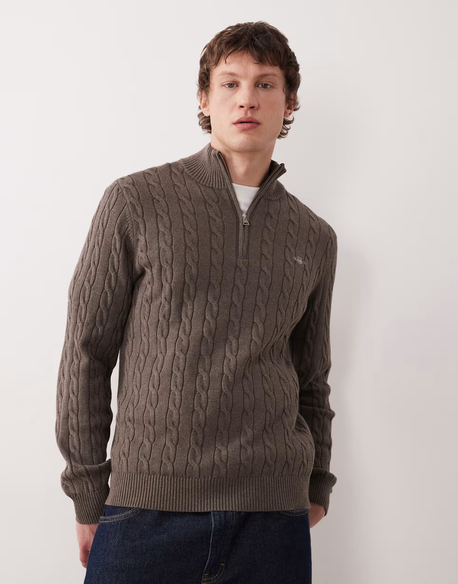 ASOS Gant cotton 3/4 zip up jumper in brown cable knit