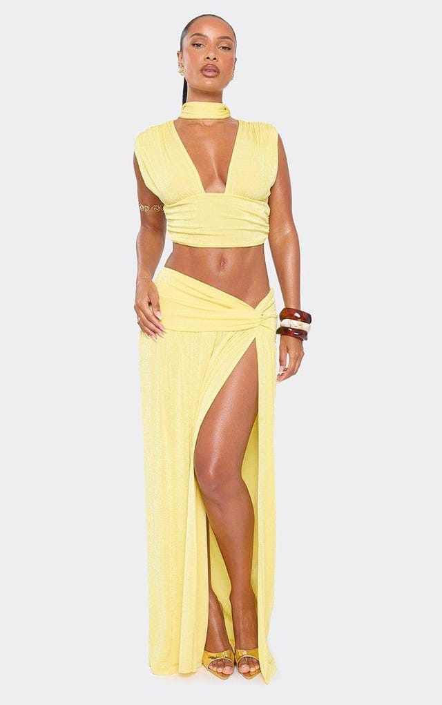 EGO Plunge Neck Scarf Detail Ruched Top In Lemon, Women's Size UK 6 - 2