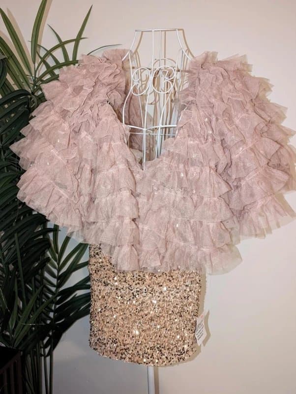 ASOS ASOS Luxe Extreme Tulle Shoulder Mini Dress In Rose Gold Sequin