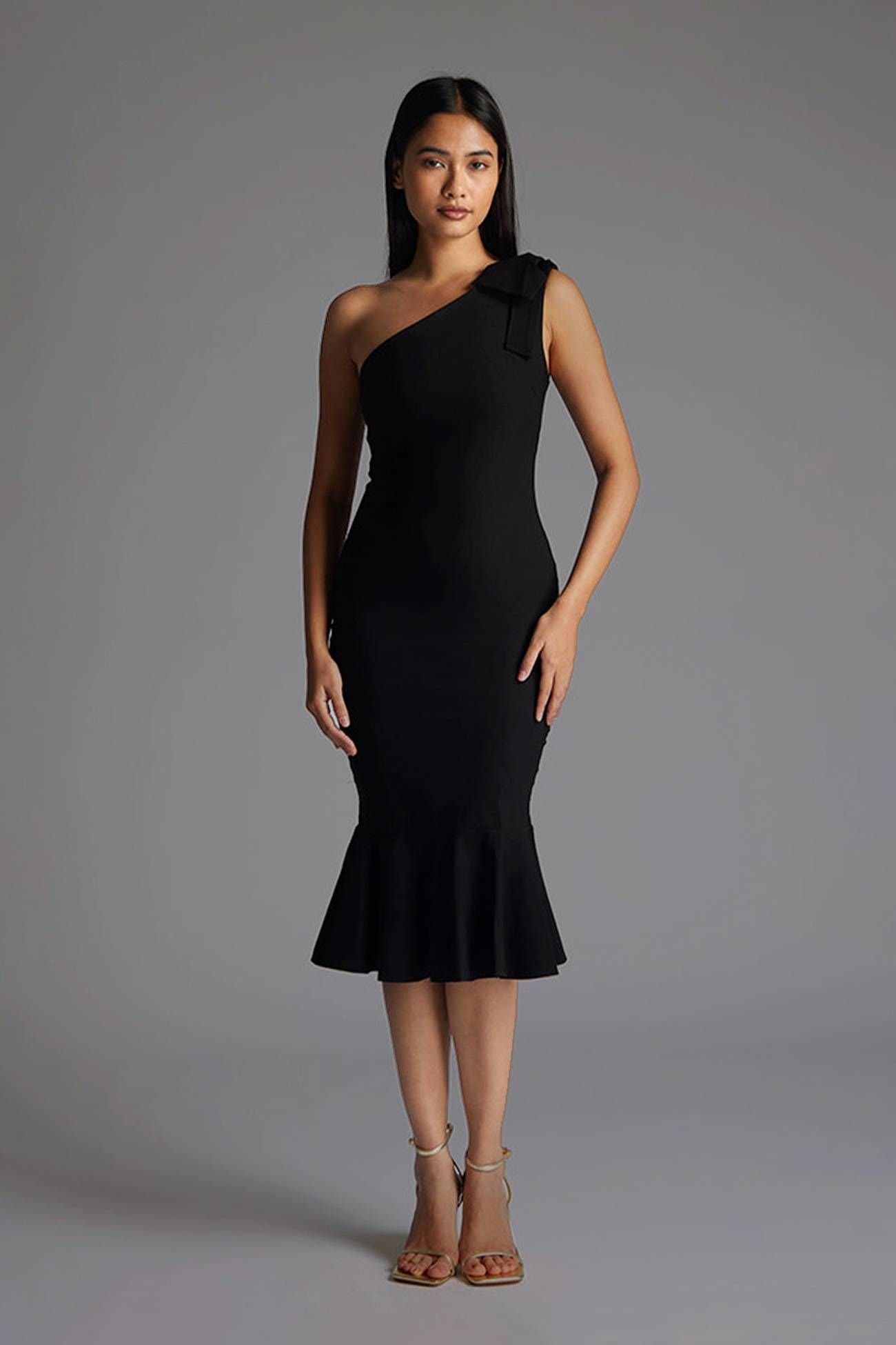 Vesper Vesper Black One Shoulder Frill Hem Midi Dress
