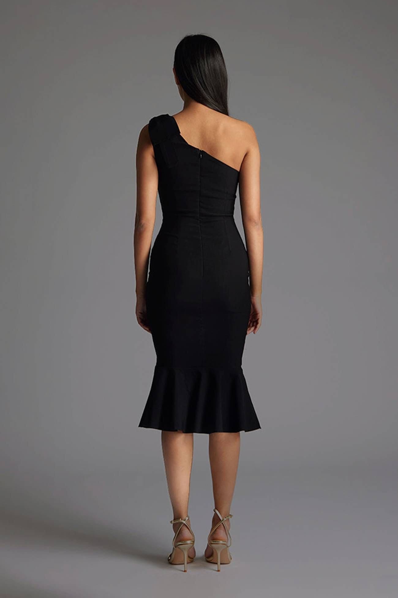Vesper Vesper Women's One Shoulder Frill Hem Midi Dress in Black - 4